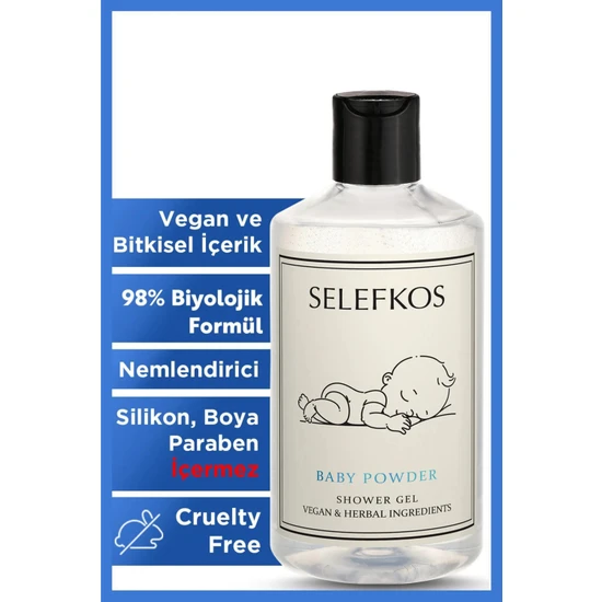 Selefkos Bebek Pudra Kokulu Vegan Banyo ve Duş Jeli Nemlendirici Tazeleyici Vücut Şampuanı 500ML