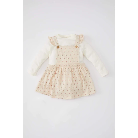 DeFacto Kız Bebek Çiçekli Uzun Kollu Tişört Krinkıl Kumaş Elbise 2'li Takım B9480A524SP