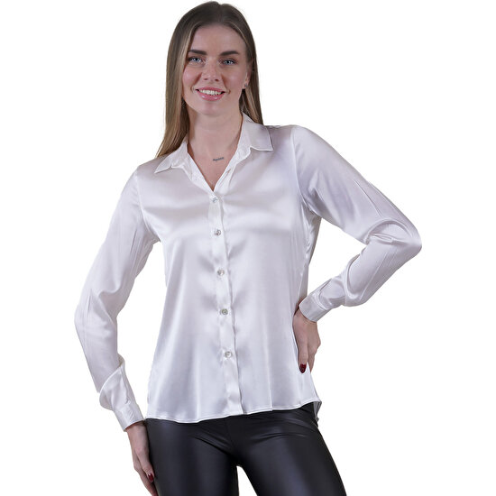 Exve Exclusive Beyaz Sade Hafif Dökümlü %100 Saf Ipek Sırtı Körüklü Silk Kadın Gömlek