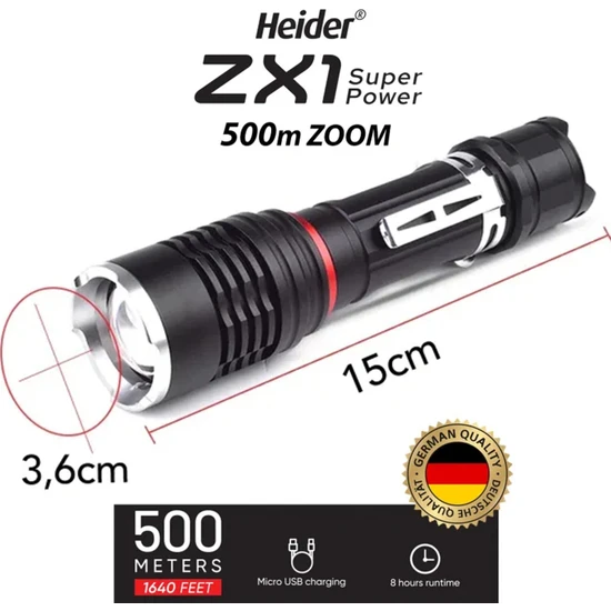 Heider Zx1 (Yeni) 500M Mesafe 10 Watt Super Power Zoom El Feneri - Şarjlı - Heider XR-18650 Pro Pil Dahil - Ce ve Rohs Belgeli