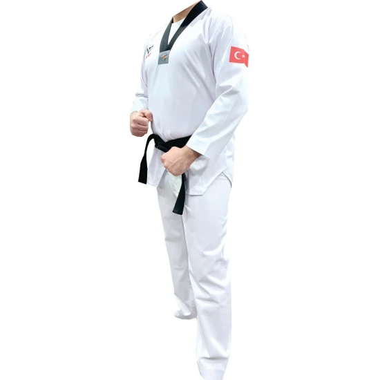 Yiğit Spor Taekwondo Elbisesi Siyah Yaka Fitilli Kumaş + Kuşak + Kişiye Özel Isim Yazılı