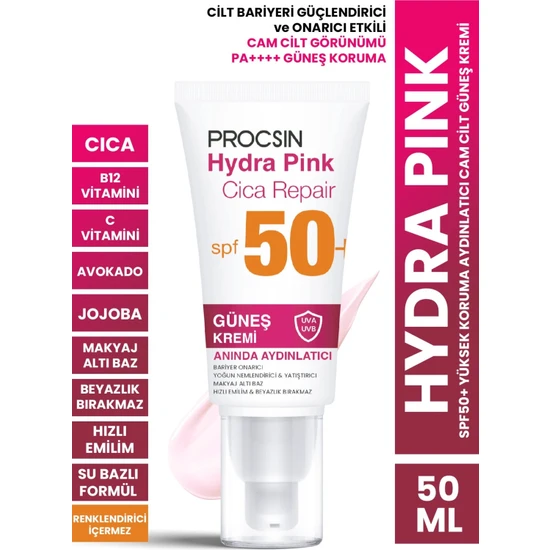 Procsın Hydra Pink (PEMBE) Spf50 Bariyer Güçlendirici Cam Cilt Güneş Kremi Pa++++