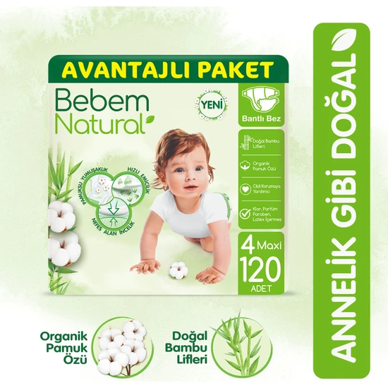 Bebem Natural Bebek Bezi 4 Beden Maxi Avantajlı Paket 120 Adet