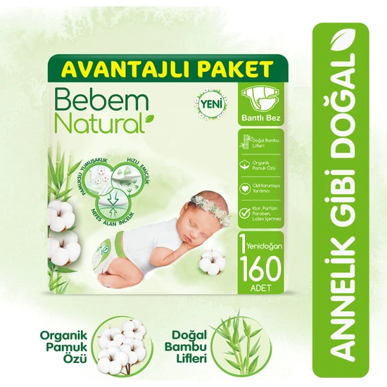Bebem Natural Bebek Bezi 1 Beden Yenidoğan Avantajlı Paket 160 Adet