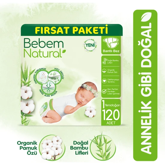 Bebem Natural Bebek Bezi 1 Beden Yenidoğan Fırsat Paketi 120 Adet