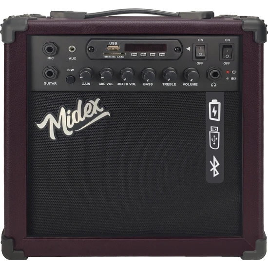 Midex MGA-25BN Elektro Gitar Amfisi 25 Watt USB Bluetooth Şarjlı 2 Girişli