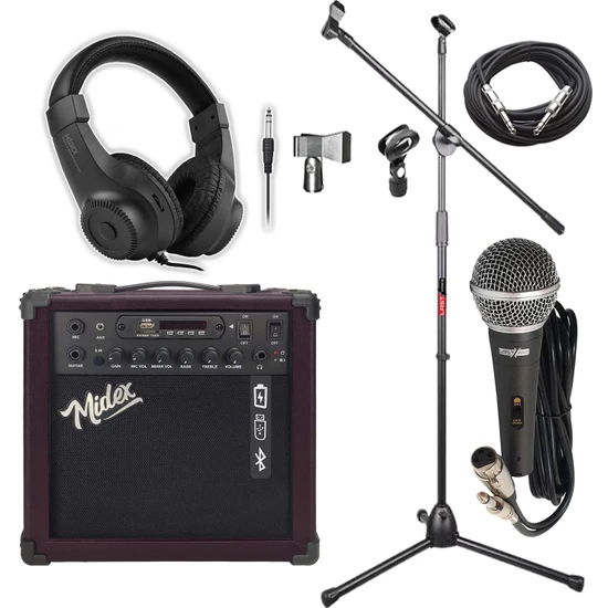 Midex MGA-25BN-PAK Elektro Gitar Amfisi 25 Watt USB Bluetooth ve Şarjlı (Amfi Mikrofon Stand Kulaklık Jack Kablo)