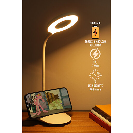 Telvesse Şarjlı Masa Lambası Dokunmatik 3 Renk 24 LED Telefon Standlı Kademeli Çalışma Okuma Işığı Gece Lambası