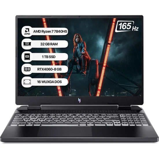 Acer Nitro 16 AN16-41 Amd Ryzen 7 7840HS 32 GB 1 Tb SSD Rtx 4060-8 GB Freedos 16 WUXGA 165 Hz Taşınabilir Bilgisayar NH.QLLEY.003