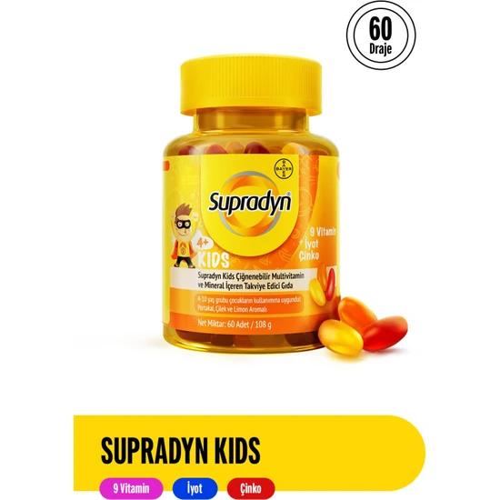 Supradyn Kids 60 Çiğnenebilir Draje | 9 Vitamin, İyot ve Çinko İçeren Takviye Edici Gıda
