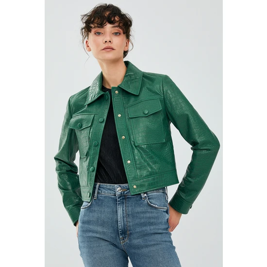 Derimod Tina Kadın Yeşil Kısa Deri Ceket