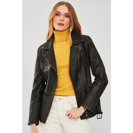Derimod Mayfair Kadın Kahverengi Vintage Uzun Biker Deri Ceket