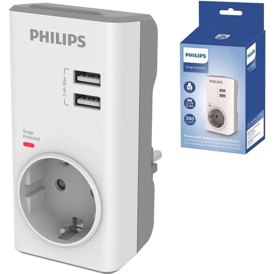 Philips Akım Korumalı Priz 380 Joule 2xusb Phılıps CHP4010W