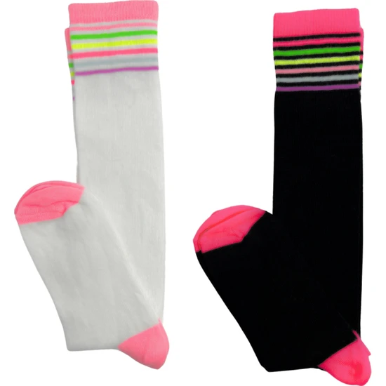 Dsi Markt Kız Çocuk Çorap 2 Çift Kız Çocuk Dizaltı Çorap Siyah/beyaz Neon Çizgili ( 7 – 8 Yaş )