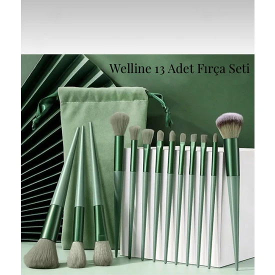 Welline Fırça Seti 13’lü Özel Keseli Profesyonel Makyaj Fırça Seti 13 Adet Yeşil