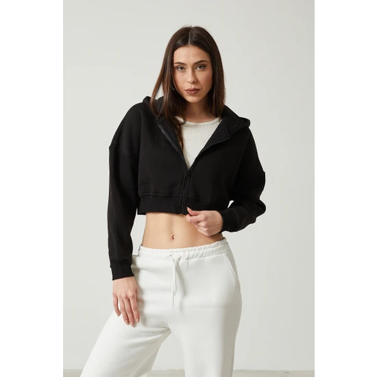 Twenty3 Kadın Basic Fermuarlı Kapüşonlu Crop Kalın Içi Polarlı Örme Sweatshirt