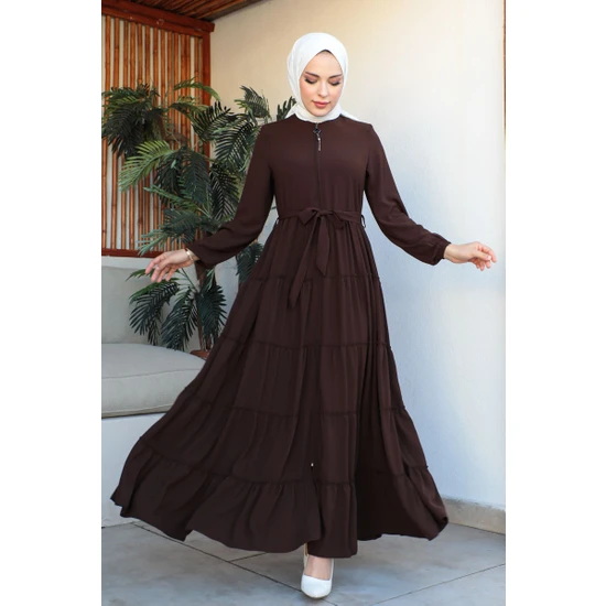 Kadeem Giyim 5 Katlı Eteği Büzgülü Medine Ipeği Yazlık Ferace-Kahverengi