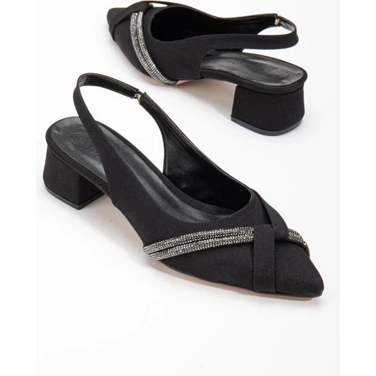 Dilimler Ayakkabı Büyük Numara Zara Saten Taşlı Siyah Kadın Kısa Topuklu Abiye Ayakkabı