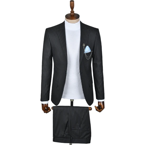 Deepsea Çizgi Desenli Tek Düğme Tek Yırtmaç Slim Fit 2li Takım Elbise 2303049