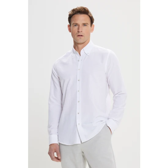 AC&Co / Altınyıldız Classics Erkek Beyaz Düğmeli Yaka Tailored Slim Fit Oxford Gömlek