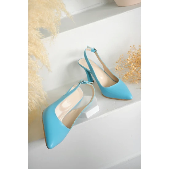 Marshetta Shoes Laura Model Kadın Mavi Sivri Burun Arkası Açık Stiletto Topuklu Ayakkabı