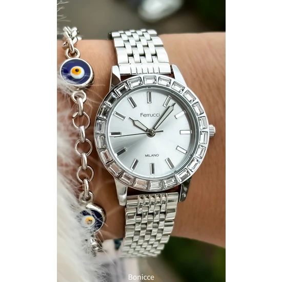 Ferucci Hasır Kordon Gümüş Bayan Kol Saati Bileklik Hediyeli