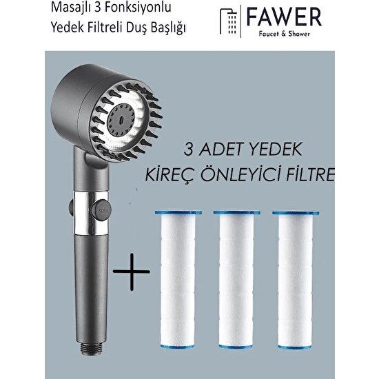 FAWER Faucet & Shower Masajlı 3 Fonksiyonlu Filtreli Antrasit El Duşu ve Yedek 3 Adet Filtre