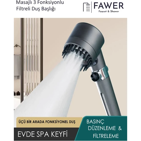 FAWER Faucet & Shower Filtreli 3 Fonksiyonlu Yüksek Basınçlı Taraklı Start Stop Gri Banyo Duş Başlığı