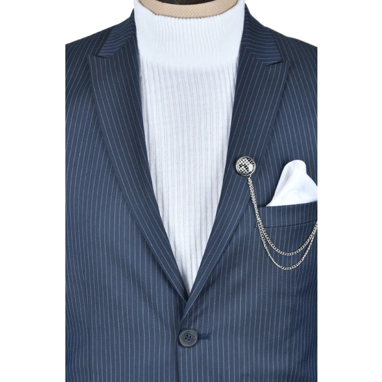 Deepsea Çizgili Çift Düğme Çift Yırtmaç Slim Fit 2li Takım Elbise 2300314