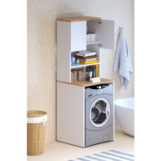 Pimdec Çamaşır Kurutma Makinesi 3 Raflı Kapaklı Banyo Dolabı Beyaz Çok Amaçlı Dolap