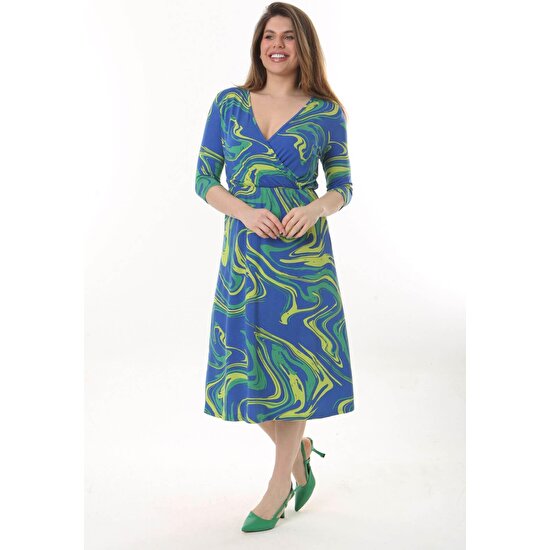 Mooi XXL Kadın Mavi Yeşil Dalga Desen Kruvaze Yaka Esnek Bel Büyük Beden Elbise