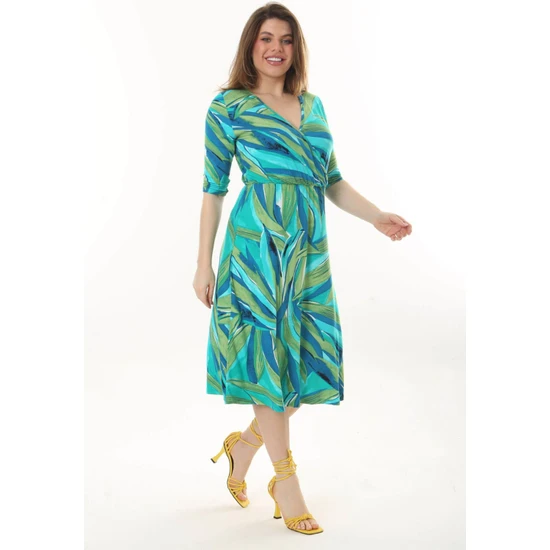 Mooi XXL Kadın Yeşil Mavi Yaprak Desen Kruvaze Yaka Esnek Bel Büyük Beden Elbise