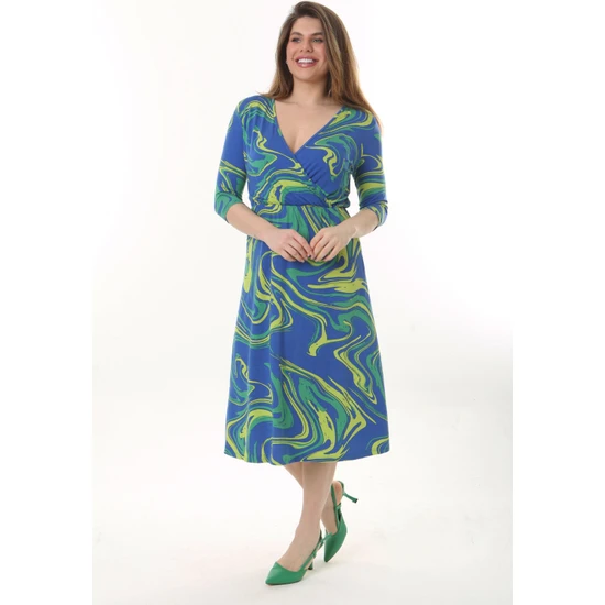 Madwilo Kadın Mavi Yeşil Dalga Desen Esnek Bel Kruvaze Yaka Büyük Beden Elbise