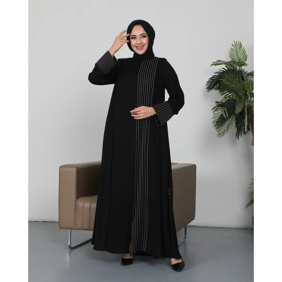 Kadeem Giyim Boydan Çizgili Dubai Ipeği Abaya-Ferace