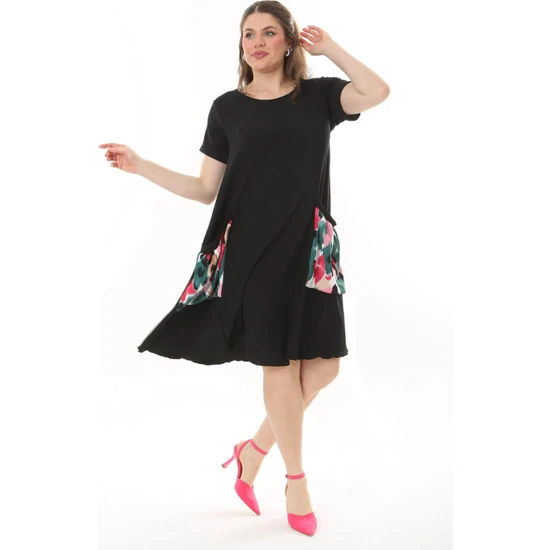 Mooi XXL Kadın Siyah Pembe Çiçek Desen Cepli Standart Beden Esnek Salaş Elbise