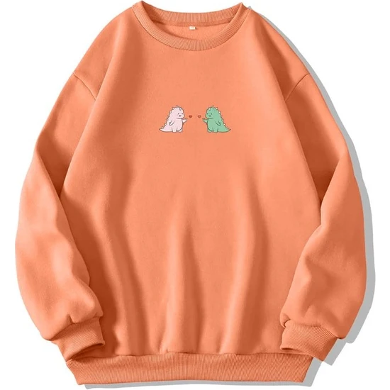 Ginevra Unisex Bisiklet Yaka Lovely Dino Baskılı Oversize Salaş Kesim Polar Sweatshirt