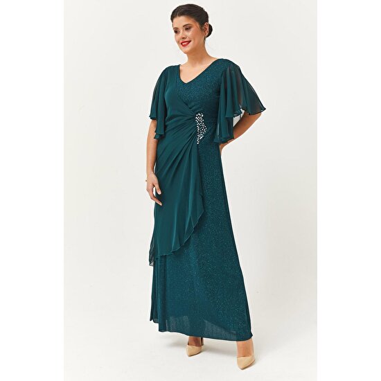 Ebsumu Kadın Büyük Beden Şifon Kol Taşlı Asimetrik Detaylı Uzun Yeşil Abiye & Gece Elbisesi
