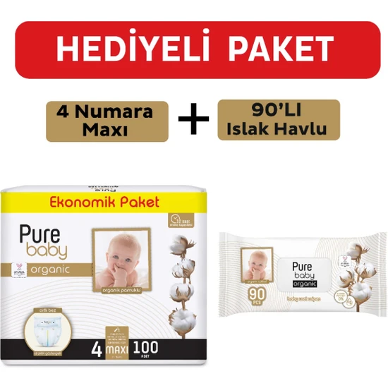 Pure Baby Organik Pamuklu Cırtlı Bez 4 Numara Maxi 100 Adet + Organik Pamuklu Islak Havlu 90 Yaprak