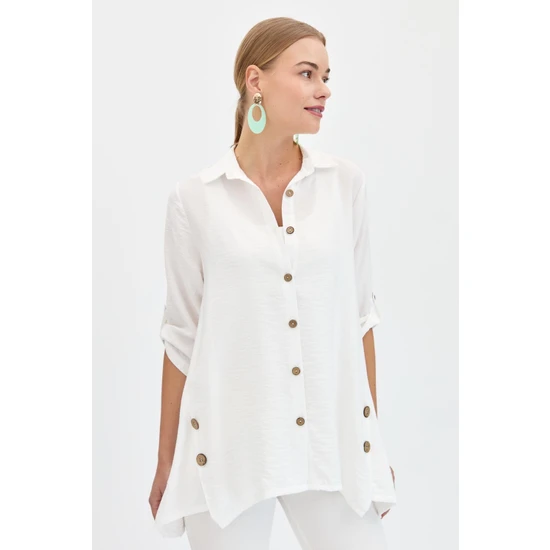 Desen Triko Kadın Yanları Düğmeli Oversize Gömlek Beyaz
