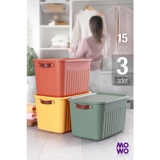 Mowo Home Storage Box Mix 3 Adet 15 Lt Çok Amaçlı Düzenleyici Kapaklı Kutu, Dekoratif Saklama Kutusu, Organizer