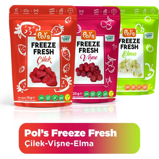 Pol’s Freeze Fresh Çilek 15 g x 1 Adet, Vişne 25 g x 1 Adet , Elma 15 g x 1 Adet Freeze Dry Dondurularak Kurutulmuş Meyve