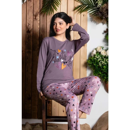 Lukitus Sıfır Yaka Uzun Kol Likralı Desenli Kadın Pijama Takımı Lukitus