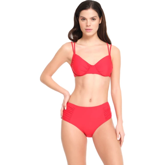 Too Salty Swimwear Kadın Kırmızı Düz Balenli Toparlayıcı Yüksek Bel Bikini Takımı 23S102ST