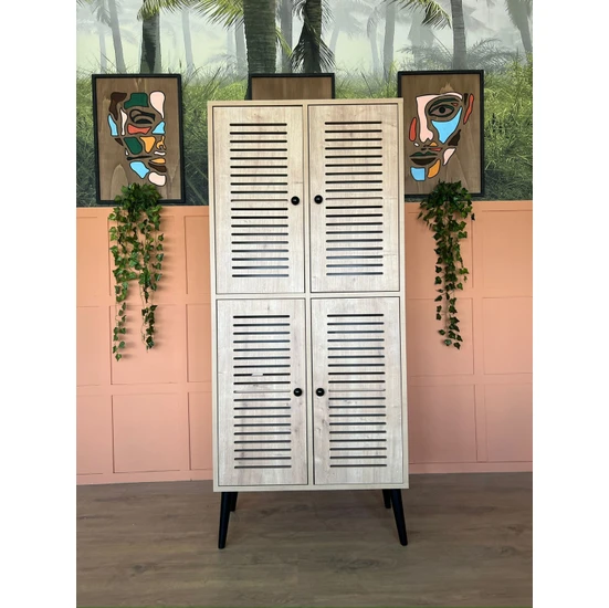 Enwood Deneb Mdf Safir Meşe 4 Kapaklı(Panjur Kapak) Ahşap Ayaklı Kiler Dolabı