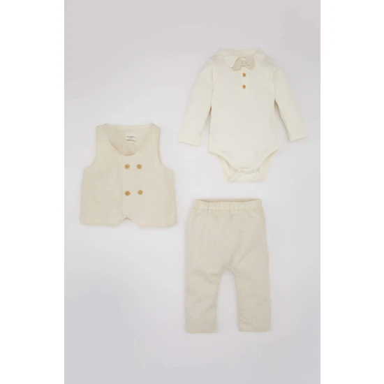 DeFacto Erkek Bebek Uzun Kollu Çıtçıtlı Body Yelek Pantolon Keten 3'lü Takım B9507A524SM