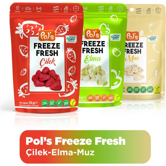 Pol’s Freeze Fresh Çilek 15 g x 1 Adet, Elma 15 g x 1 Adet, Muz 20 g x 1 Adet Freeze Dry Dondurularak Kurutulmuş Meyve