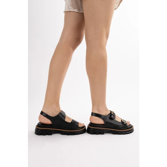 Getcho Carter Kadın Ayarlanabilir Kemerli Siyah Sandalet