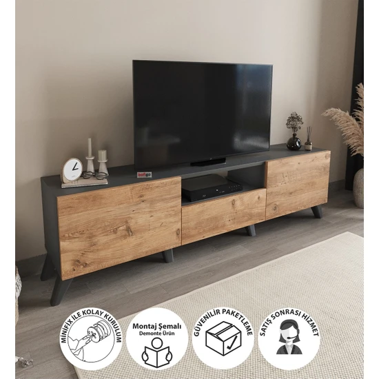 Bofigo Tv Ünitesi 160 cm Tv Sehpası Düşer Kapaklı Tv Ünitesi Televizyon Sehpası Antrasit-Çam