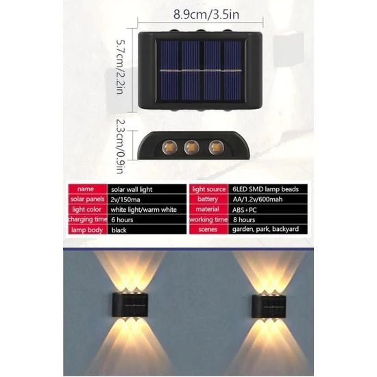 Nilss 2 Adet - Modern 6 Ledli Solar Çift Taraflı Aplik Güneş Enerjili Duvar Aydınlatma Lambası (Gün Işığı)