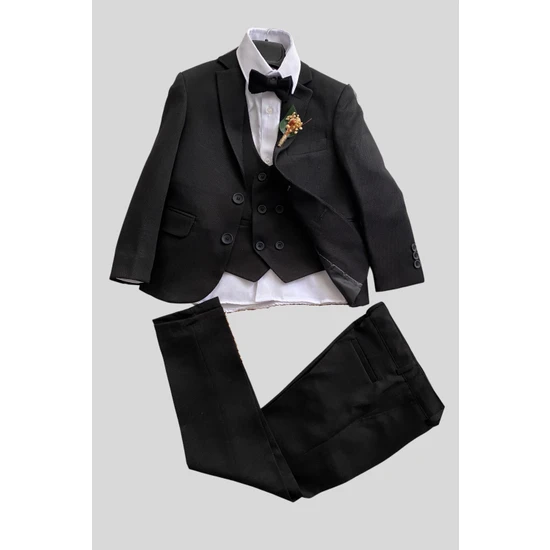 Turuncu Gardrop Yaka Çiçekli Çift Düğme Yelekli Erkek Çocuk Takım Elbise Siyah